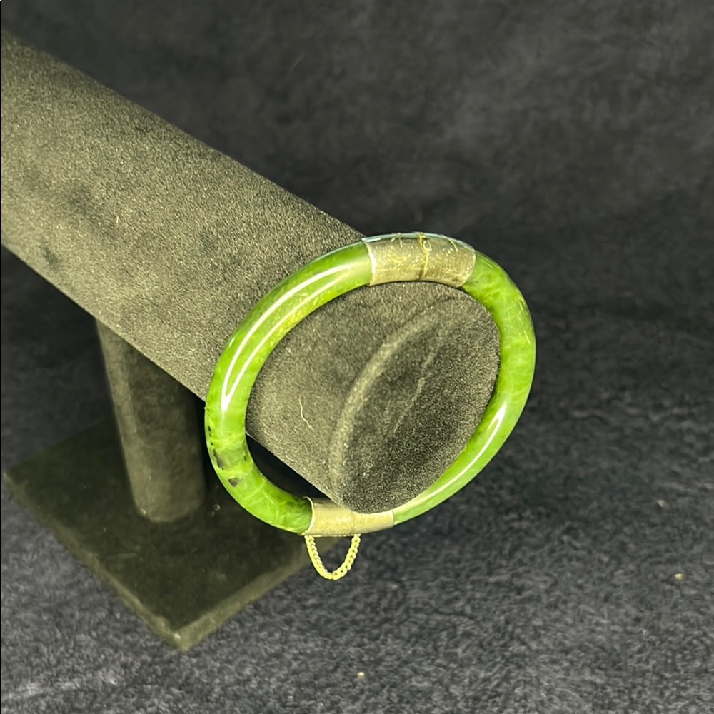 Jade Bangle Bracelet, Elegant Green with Gold Accents